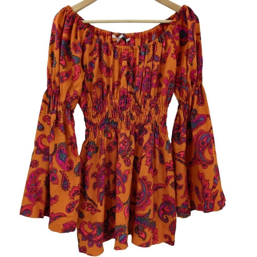 Vintage Psychadelic Boho Peasant Blouse Size S? Orange Bell Sleeve Ruched Pink